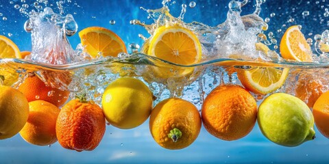 Poster - Close-up shot of vibrant colored oranges and lemons plunging into water , citrus, fruits, fresh, splash, vibrant