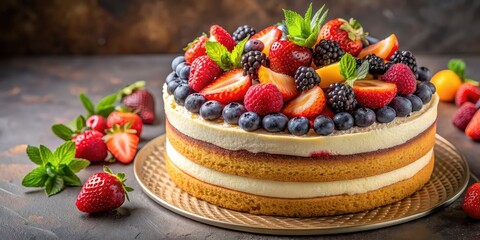 Poster - Delicious cake topped with an assortment of fresh fruits and berries, cake, dessert, sweet, treat, food