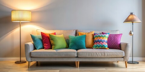 Canvas Print - Cozy couch with colorful pillows and a glowing lamp, cozy, interior, home decor, comfort, living room, furniture