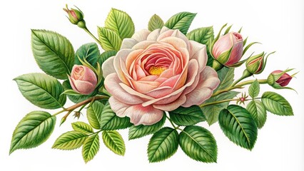 Poster - Vintage botanical of a delicate rose surrounded by lush greenery , vintage, rose, botanica, style, floral, romantic, retro