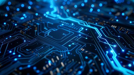 Wall Mural - Thin circuit tracing lines in blue on a dark technology background generative ai