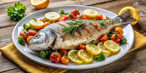Wall Mural - Freshly cooked fish dish served with vegetables and lemon, seafood, dinner, tasty, healthy, gourmet, meal, cooked, delicious