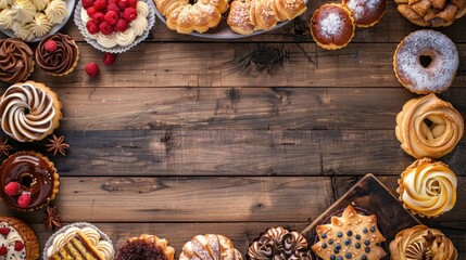 Sticker - Variety of pastries on wooden table with space for text Overhead view