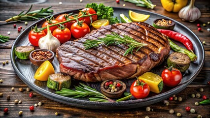 Wall Mural - Grilled steak with vegetables on background, steak, vegetable, grill marks, charred,backdrop, food, meal, dinner, tasty