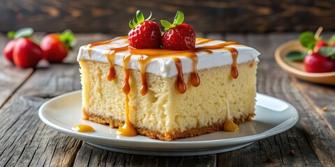 Canvas Print - Mexican tres leches cake with a dripping glaze on a background, Mexican, dessert, tres leches, cake, sweet, milk, cream