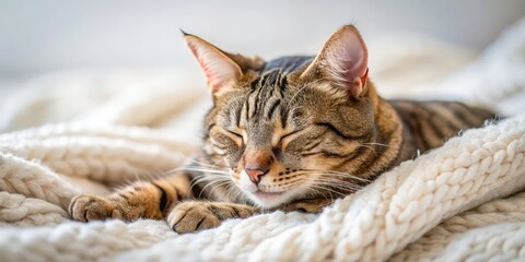 Sticker - A cozy tabby cat peacefully sleeping on a comfortable bed, cat, sleeping, bed, cozy, tabby, peaceful, feline, comfortable, rest