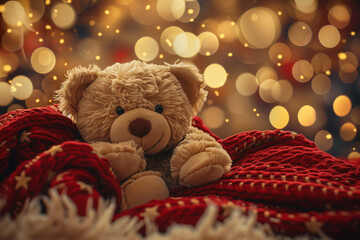 Wall Mural - Cozy Christmas Teddy Bear: A soft, cuddly teddy bear snuggles under a red blanket, surrounded by twinkling lights, evoking warmth and holiday cheer.