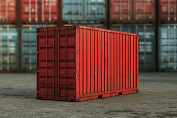 Poster - Vibrant red cargo container stands in a commercial dockyard with stacks of containers in the background