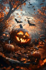 Canvas Print - Whimsical Autumn Pumpkin Patch With Carved Lanterns,Ghostly Apparitions,and Swooping Bats in Twilight