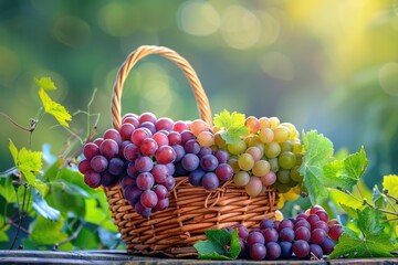 Wall Mural - A basket of grapes is on a table with green leaves. The grapes are of different colors, including red, purple, and green. The basket is woven and has a rustic feel. Concept of freshness and abundance