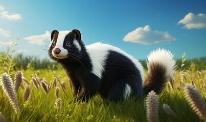 Skunk with tail raised defensively flat design top view forest theme cartoon drawing vivid