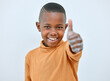 © peopleimages.com - Black boy, portrait and thumbs up for washing hands in home, emoji and promote hygiene or cleaning. Male person, soap and sign for disinfection and prevent virus, remove dirt and white background