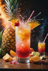 Wall Mural - colorful tropical cocktail, exploding ingredients, ad shot
