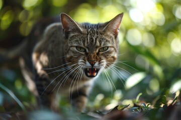 An angry wild cat with bared teeth, captured amidst natural greenery