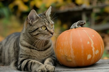 Sticker - Tabby cat lies next to a pumpkin on a wooden surface, evoking autumn vibes