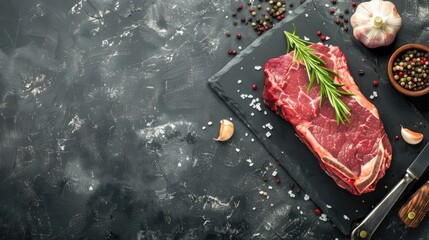 Poster - Preparing Rib Eye Steak on Stone Background for Cooking Grilling Top View Copy Space