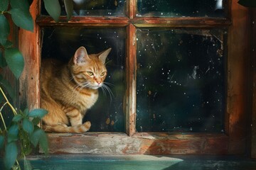 Poster - Serene ginger cat sitting by an old wooden window, surrounded by greenery