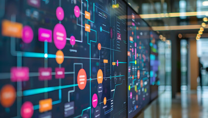 Close-up of digital information flowchart on a screen in a modern office environment with blurred background.