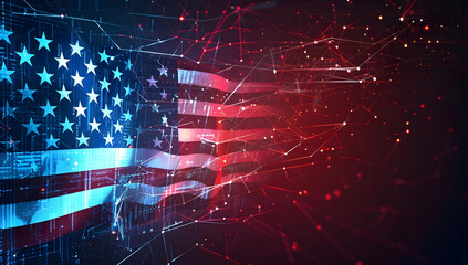 Digital American flag with futuristic tech elements and glowing stars and stripes, representing technology and patriotism.