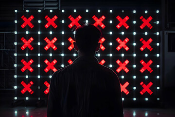 Silhouette of a person standing in front of a wall of red X-patterned lights, creating a futuristic and mysterious atmosphere.