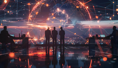 Silhouetted figures observe a futuristic digital interface with glowing data connections, representing technology and innovation.
