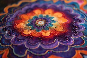 Wall Mural - Close up of a colorful floral pattern painting of mandala comprised of various flowers, leaves, and botanical elements while using a vibrant color palette including shades of red and black. AIG42.
