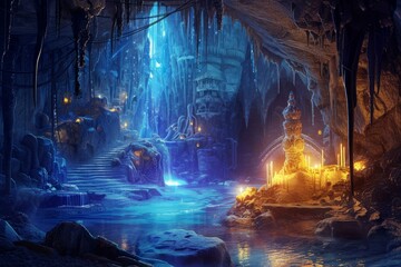 Canvas Print - Captivating fantasy illustration of a magical crystal cave with warm, glowing lights