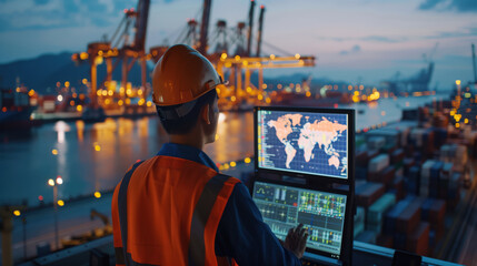 A logistics manager monitors global shipping data on multiple screens at a bustling port during nighttime operations.