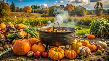 Gran caldero de metal cocinando calabaza y verdura en el exterior de una granja