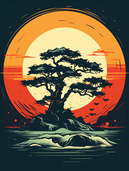 Wall Mural - A vector design for t-shirt with the Japanese Bonsai Tree, sunset in background and an ancient tree on top of rock