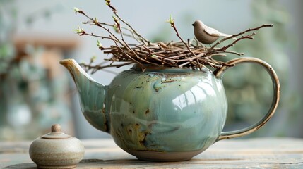 A ceramic teapot with a charming birds nest handle making it not only functional but also a unique and beautiful addition to any tea lovers collection..