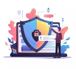 Wall Mural - vector flat illustration of security shield and businessman pointing at laptop with website page in minimalist style,