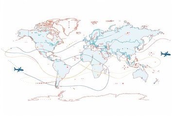  World map showing air routes with airplanes flying around the world