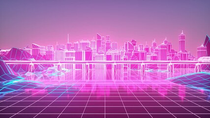 Wall Mural - Retro futuristic city illuminated by neon lights. Seamless loop of cyberpunk cityscape with a moving grid floor