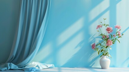 Wall Mural - Elegant Vase with Pink Flowers Against a Blue Wall