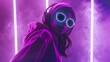 © Farid - Stylish fashion teenager model wearing hoodie and headphones listening dj music dancing in purple neon lights. Young teen girl enjoy cool music 90s party mix in violet studio background. Copy space.