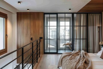 Interior of modern bedroom with glass door and wooden floor.