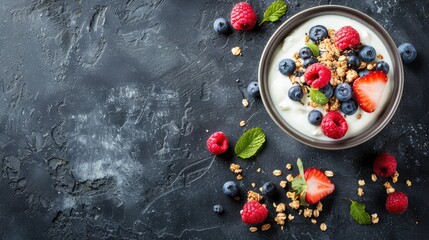 Sticker - Yogurt granola and berries on dark background Healthy breakfast with blueberries and raspberries Top view Copy space