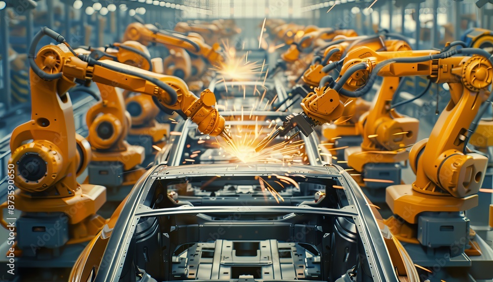 Robotic arms welding car parts in assembly line digital illustration of ...