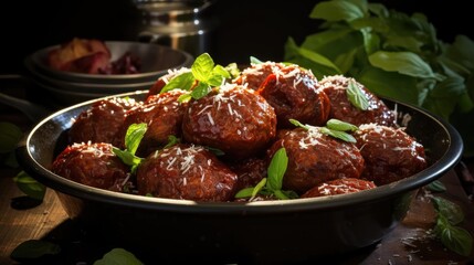 Canvas Print - meatballs with melted tomato sauce on a bowl with a black and blur background