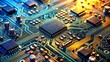 © DigitalArt Max - High-tech electronic circuit board background with close-up macro view of complex semiconductor chips connected to motherboard technology components.