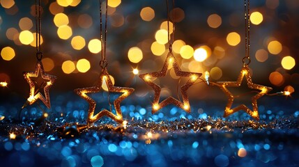 Wall Mural - Sparkling Golden Stars Hanging on Blue Tinsel with Blurred Lights