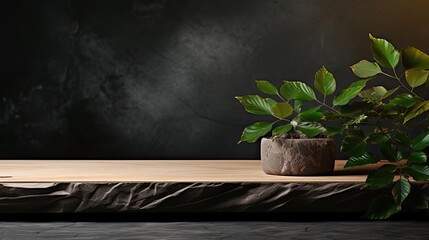 Wall Mural - podium for product stand or display with plant background and cinematic light, front view