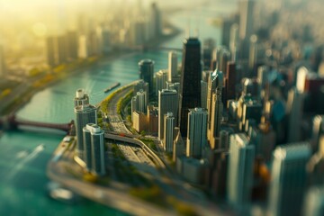 Poster - Aerial view of a vibrant city bathed in golden sunlight, captured with a tiltshift lens for a miniature look