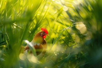 Poster - Vibrant rooster stands proudly within a field of sunlit, green grass