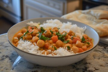 Sticker - Bowl of homemade chickpea curry served over white rice, garnished with fresh herbs