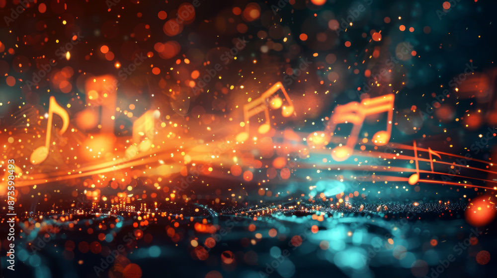 Abstract image of floating music notes with vibrant orange and blue ...