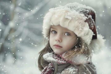 Poster - Closeup of a child with sparkling eyes amidst gently falling snowflakes, exuding the magic of winter