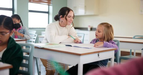 Aufkleber - Teacher, woman and help kid for education, studying or writing knowledge in book at class. Child, happy educator and student learning in lesson for development, teaching and support in kindergarten