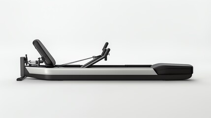 Rowing machine, sleek and modern design, black and silver, isolated on white background